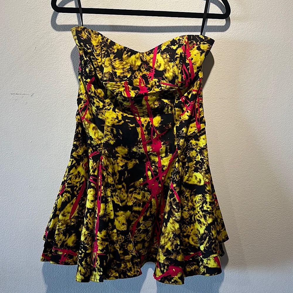 Bebe, black, yellow and pink strapless dress